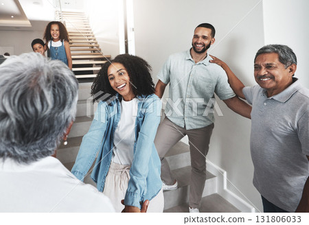 Black family, welcome and senior parents in home with holding hands, smile and happiness on stairs. African people, children and women on steps together with excited solidarity, support and care 131806033