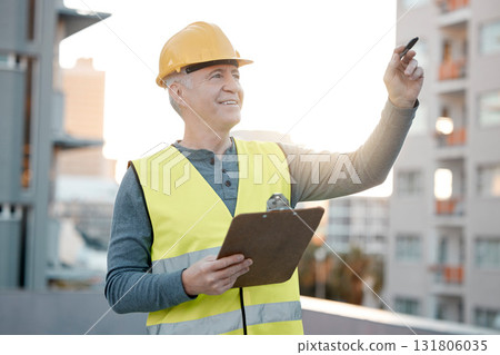 Clipboard, city and man construction worker planning on a building for maintenance, renovation or repairs. Leadership, contractor and senior male industry employee thinking on site with a checklist. 131806035