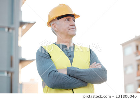 Construction worker, old man and architecture, building industry and renovation with contractor outdoor thinking. Property development vision, leadership mindset and helmet for safety at urban site 131806040