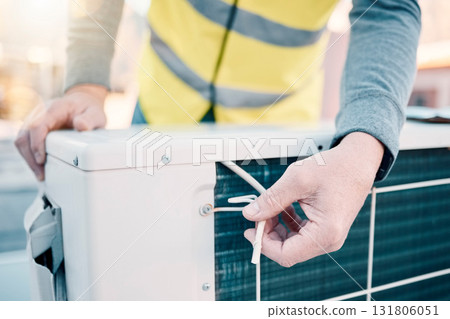 Air conditioning, electrician or engineering man for maintenance services, safety inception and ac repair. Technician with aircon, generator or fan installation and quality assurance worker hands Air conditioning, electrician or engineering man for maintenance services, safety inception and ac repair. Technician with aircon, generator or fan installation and quality assurance worker hands 131806051