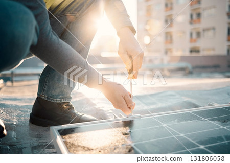 Solar panel, industrial worker and construction hands for renewable energy and electricity. Community innovation, roof work and engineering employ install eco friendly and sustainability product 131806058