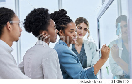 Teamwork, brainstorming and writing with business people for creative, strategy or agenda. Mission, goals and schedule with employee and glass board for sticky note idea, information and planning 131806100