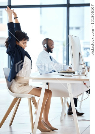 Customer service, computer consulting and stretching woman telemarketing on contact us CRM or telecom. Call center communication, e commerce and tired information technology consultant on microphone Customer service, computer consulting and stretching woman telemarketing on contact us CRM or telecom. Call center communication, e commerce and tired information technology consultant on microphone 131806107