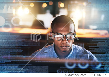 Software overlay, futuristic and black man on computer for online finance, fintech and data analysis. Digital transformation, double exposure and businessman for financial analytics on 3d screen Software overlay, futuristic and black man on computer for online finance, fintech and data analysis. Digital transformation, double exposure and businessman for financial analytics on 3d screen 131806114