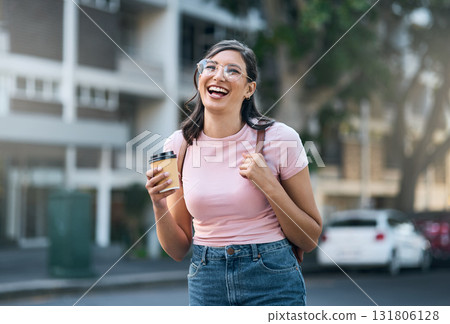 Travel portrait, coffee or woman student in city street or road with freedom on urban adventure in London. University, college or girl walking with laugh and smile, motivation or comic funny joke 131806128