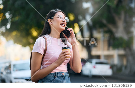 Happy, travel or student woman with phone call in morning for communication, networking or speaking in London. Smile university or girl on 5g smartphone walking in city, street or road outdoor 131806129