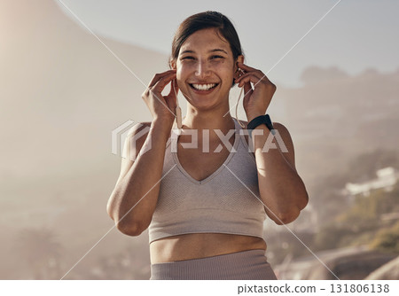 Portrait, fitness and music for woman in nature for running, training and cardio on blurred background. Happy, face and radio for girl outdoor for exercise, wellness and motivation with podcast track 131806138