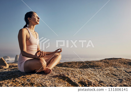 Relax and yoga and woman in lotus pose in nature for wellness, peace and zen on blue sky mockup. Fitness, girl and meditation, training and energy outdoor, mindset, breathing and posture workout 131806141