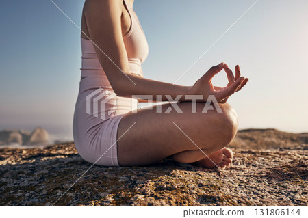 Woman, hands and yoga in nature for wellness, peace and zen, lotus pose and balance on blue sky and rocks. Fitness, girl and meditation, training and energy outdoor for peaceful, mindset and workout Woman, hands and yoga in nature for wellness, peace and zen, lotus pose and balance on blue sky and rocks. Fitness, girl and meditation, training and energy outdoor for peaceful, mindset and workout 131806144