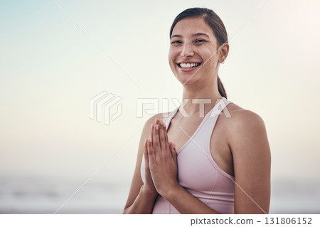 Portrait, woman and yoga at the beach for wellness, peace and zen, pose and balance on light mockup. Face, girl and meditation, training and energy outdoor for peaceful, mindset or chakra workout 131806152