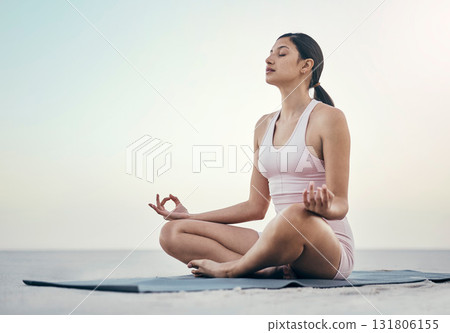Relax, woman and yoga in nature for wellness, peace and zen, pose and balance on light mockup sky. Fitness, girl and meditation, training and energy outdoor for peaceful, mindset and chakra workout 131806155