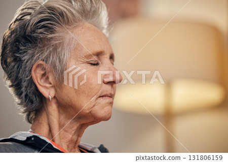 Senior woman, yoga and breathing on mockup in meditation for spiritual wellness or zen exercise at home. Elderly female breathe in relax for healthy meditating, fitness or awareness and stress relief 131806159