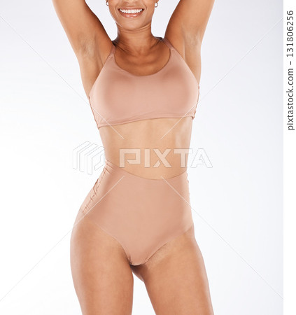 Beauty, underwear and body of black woman isolated on a white background for skincare, cosmetics and aesthetic. Young lingerie model or person in studio mockup for dermatology or hair removal results Beauty, underwear and body of black woman isolated on a white background for skincare, cosmetics and aesthetic. Young lingerie model or person in studio mockup for dermatology or hair removal results 131806256