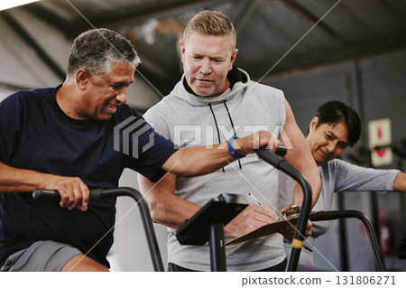 Cardio, personal trainer and senior man for gym fitness results, progress and running exercise advice. Coaching, lose weight and USA sports professional helping black people on machine workout Cardio, personal trainer and senior man for gym fitness results, progress and running exercise advice. Coaching, lose weight and USA sports professional helping black people on machine workout 131806271