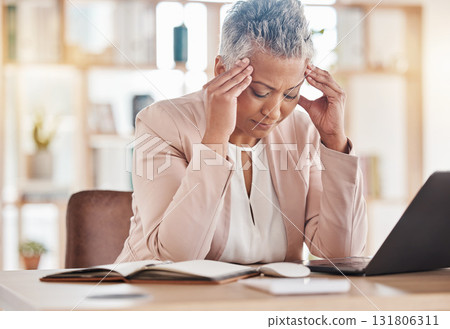 Headache, accountant or burnout woman on laptop for financial crisis, mental health or invest depression in office. Finance, tired or sad advisor for stock market, invest budget or mortgage planning 131806311