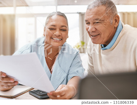 Senior black couple, paperwork and laptop for planning, budget or taxes with discussion for future in home. Old man, woman and conversation for insurance, retirement or finance goals with documents Senior black couple, paperwork and laptop for planning, budget or taxes with discussion for future in home. Old man, woman and conversation for insurance, retirement or finance goals with documents 131806339