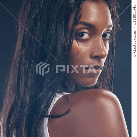 Black woman, studio portrait and fitness for beauty, wellness and healthcare by black background. Young gen z model, back and face with natural skin glow, self care and mindset for personal health Black woman, studio portrait and fitness for beauty, wellness and healthcare by black background. Young gen z model, back and face with natural skin glow, self care and mindset for personal health 131806346