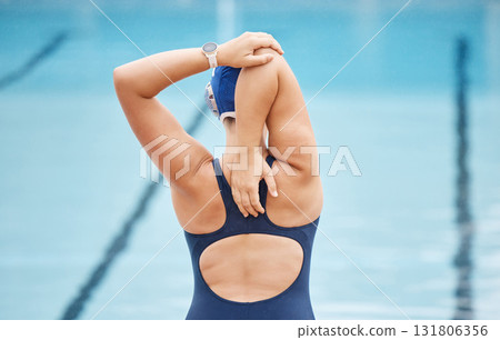 Fitness, sports and stretching with woman at swimming pool for health, workout and training. Wellness, water polo and warm up with arm of girl athlete for cardio, endurance and exercise goals 131806356