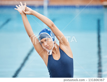 Fitness, health and stretching with woman at swimming pool for sports, workout and training. Wellness, swimmer and warm up with arm of girl athlete for cardio, water polo and exercise goals Fitness, health and stretching with woman at swimming pool for sports, workout and training. Wellness, swimmer and warm up with arm of girl athlete for cardio, water polo and exercise goals 131806367