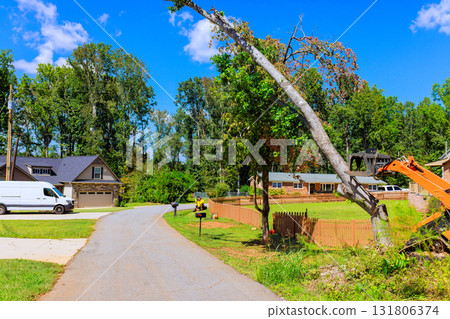 Workers are cutting down leaning tree on residential street surrounded by homes, green trees. Workers are cutting down leaning tree on residential street surrounded by homes, green trees. 131806374