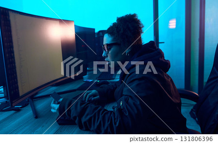 Computer, credit card and night hacker hacking online software, fintech or fraud password phishing. Neon ransomware developer, woman programming cybersecurity and scam programmer coding malware code Computer, credit card and night hacker hacking online software, fintech or fraud password phishing. Neon ransomware developer, woman programming cybersecurity and scam programmer coding malware code 131806396