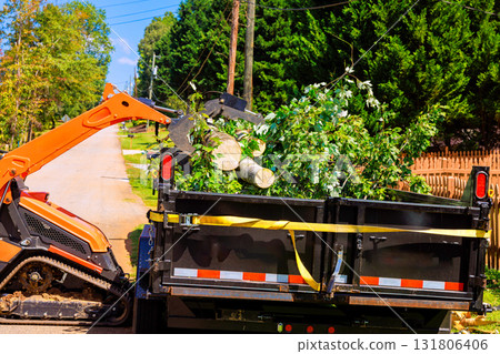 Crawler tractor loader collects branches debris from neighborhood road after hurricane 131806406