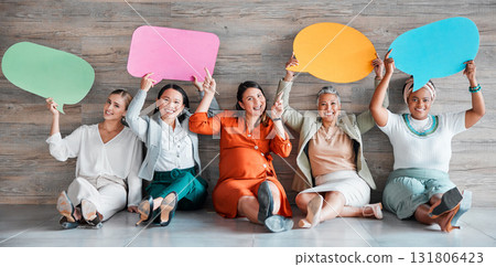 Branding, opinion and idea with business people and speech bubble for social media, recruitment and diversity. Design, communication and mockup with women and board for vote, review and question 131806423