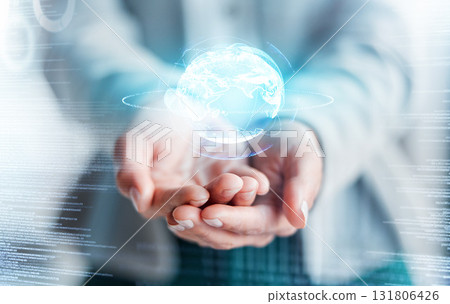 Hands, 3D globe hologram and global communication in digital marketing or futuristic networking on double exposure. Hand of person holding virtual world for future technology connection on overlay Hands, 3D globe hologram and global communication in digital marketing or futuristic networking on double exposure. Hand of person holding virtual world for future technology connection on overlay 131806426