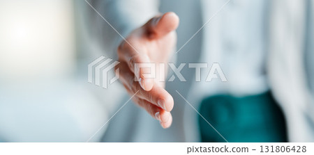 Hands, handshake and hiring for greeting, meeting or partnership, b2b or unity on blurred background. Hand of employer shaking in congratulations, promotion or growth for employment or deal on mockup 131806428