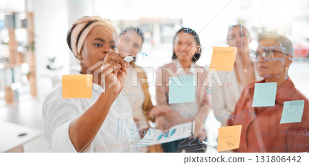 Planning, strategy or black woman writing a winning marketing or advertising plan for business ideas. Sticky notes, meeting or creative people working on global startup project target or team goals Planning, strategy or black woman writing a winning marketing or advertising plan for business ideas. Sticky notes, meeting or creative people working on global startup project target or team goals 131806442