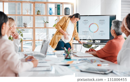 Tired pregnant woman in a meeting or presentation for digital marketing, advertising or branding ideas. Fatigue, pregnancy pain or manager with solutions for startup project strategy for employees 131806455