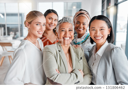 Diversity, portrait selfie and business women teamwork, global success or group empowerment in office leadership. Social media career of asian, black woman and senior people or staff profile picture 131806462