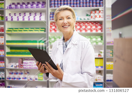Tablet, pharmacy portrait and pharmacist woman for product management, stock research and inventory. Digital technology, retail software and senior healthcare doctor or person with medicine services Tablet, pharmacy portrait and pharmacist woman for product management, stock research and inventory. Digital technology, retail software and senior healthcare doctor or person with medicine services 131806527