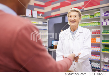 Service, medical and pharmacist with medicine for a man for healthcare product at a pharmacy. Smile, help and clinic woman giving a patient pills for an illness, flu or cold while working in health 131806536