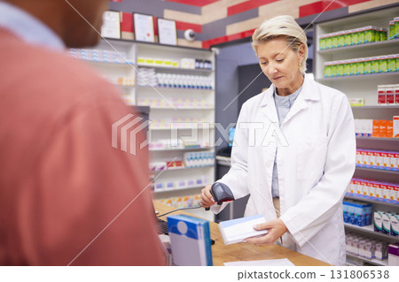 Pharmacy, barcode scan and senior woman pharmacist with customer buying medicine and pills. Store payment, pharmaceutical clinic and healthcare worker scanning code for patient payment in shop 131806538