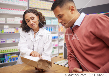 Pharmacy, medicine information and customer with pharmacist talking about pills side effects. Reading, prescription info and healthcare worker with customer service for health and wellness check Pharmacy, medicine information and customer with pharmacist talking about pills side effects. Reading, prescription info and healthcare worker with customer service for health and wellness check 131806552