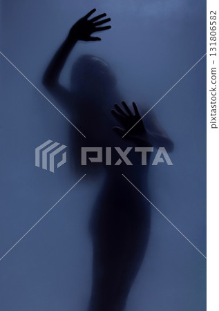 Woman silhouette, curtain and sexy shadow with creative art deco, window or palm with body health. Girl, model and hands on glass with smoke, dark aesthetic and sensual person or wellness by screen 131806582