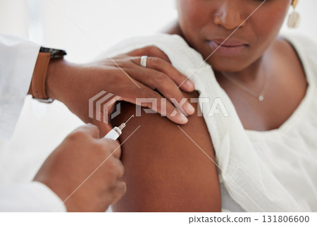 Hand, covid vaccine and a woman with her doctor in the hospital for an injection of medicine or antibiotics. Healthcare, medical and a consulting with a male medicine professional holding a syringe 131806600
