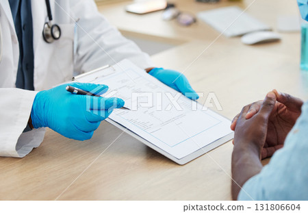 Insurance, forms and doctor with a man for healthcare, medical advice and results in an office. Help, talking and a gp giving instructions to a patient about a document, prescription or treatment 131806604