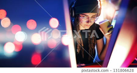 Night, light or woman hacker in dark room coding, phishing or researching blockchain technology mockup. Bokeh, programmer or girl hacking online in digital cybersecurity on a website drinking coffee 131806628