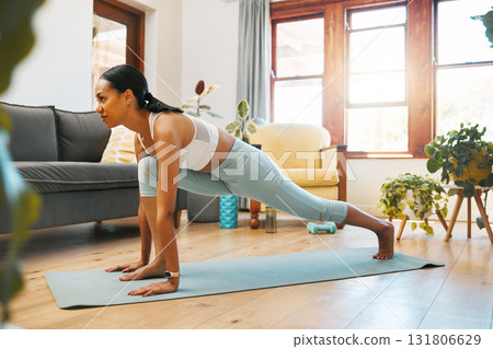 Home, fitness or girl in yoga stretching legs for body flexibility, wellness or healthy lifestyle. Focus, calm or active zen woman in exercise, workout or training warm up in house exercising studio Home, fitness or girl in yoga stretching legs for body flexibility, wellness or healthy lifestyle. Focus, calm or active zen woman in exercise, workout or training warm up in house exercising studio 131806629