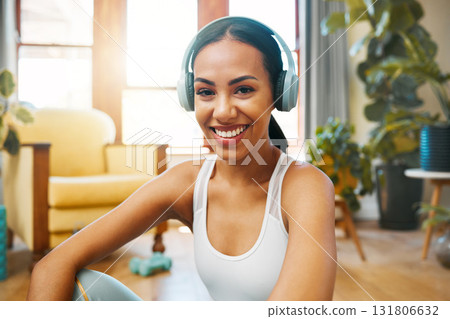 Fitness, headphones or portrait of happy girl in yoga for body flexibility, wellness or healthy lifestyle. Smile, music or zen woman ready for exercise, workout or training in house exercising studio Fitness, headphones or portrait of happy girl in yoga for body flexibility, wellness or healthy lifestyle. Smile, music or zen woman ready for exercise, workout or training in house exercising studio 131806632