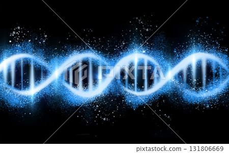 DNA structure, genetic code isolated on black background, science with neon blue and glowing light. Evolution, helix and molecular genome cell, RNA with gene and link with scientific and abstract 131806669
