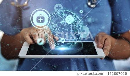 Hands, tablet and doctor for hologram overlay telehealth, medical innovation and global web service. Woman, nurse and mobile touchscreen for typing on consultation app and 3d holographic ux in clinic Hands, tablet and doctor for hologram overlay telehealth, medical innovation and global web service. Woman, nurse and mobile touchscreen for typing on consultation app and 3d holographic ux in clinic 131807026