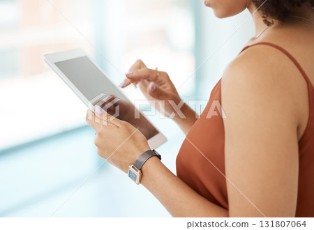 Hands on screen, tablet and business woman online for communication, internet and network. Female entrepreneur hand on mobile app for social media, management report or online search with connection Hands on screen, tablet and business woman online for communication, internet and network. Female entrepreneur hand on mobile app for social media, management report or online search with connection 131807064
