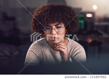 Night, computer and black woman programmer, software development and cybersecurity analysis. Focus, thinking and person working, network monitor and information technology programming at USA company Night, computer and black woman programmer, software development and cybersecurity analysis. Focus, thinking and person working, network monitor and information technology programming at USA company 131807082