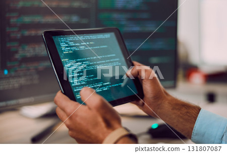 Coding, tablet in hands with man, web design and software update, computer with information technology and code. Cybersecurity, ux and network with wifi, programmer and cyber space with programming 131807087