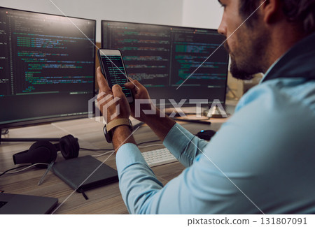 Coding, computer screen and phone with man, programmer and software update, information technology and code. Cybersecurity, ux and network with wifi, web design and cyber space with cpu programming 131807091