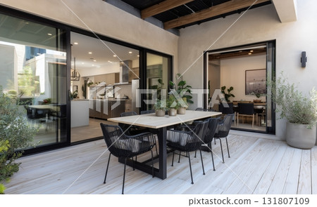 Modern Outdoor Dining Area With Scenic View in Contemporary Home at Midday Modern Outdoor Dining Area With Scenic View in Contemporary Home at Midday 131807109