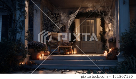 Charming Haunted House With Spooky Decorations for Halloween Celebration at Night 131807150